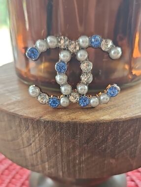 Pearl and Blue Crystal Logo-Style Brooch - Designer Inspired